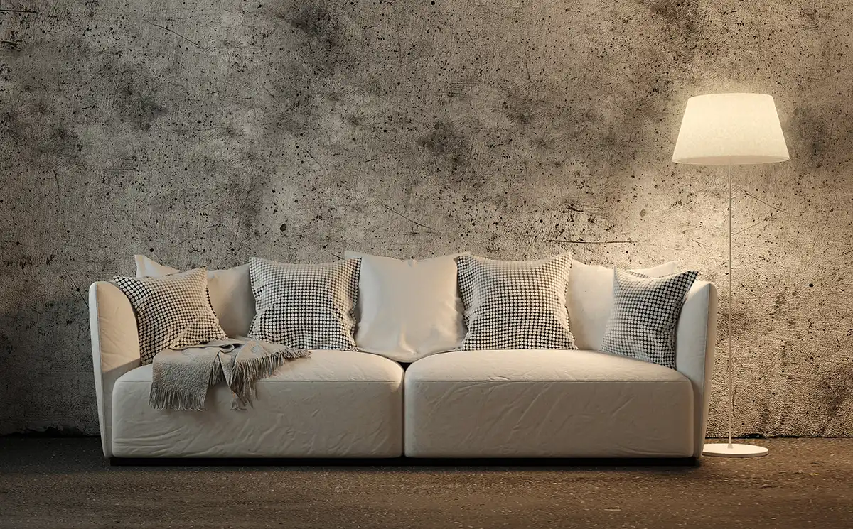 living room with travertine wall